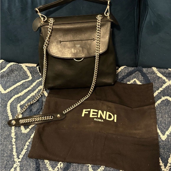 Fendi Black Leather 2Way Shoulder Bag Backpack with Silver Chain